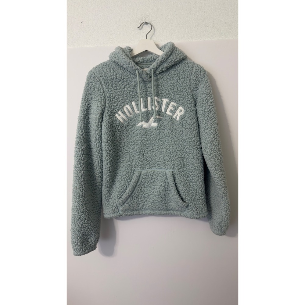 Hollister Sherpa Hoodie‎ Womens XS Sage Green Faux Fur Pullover Logo Beachy